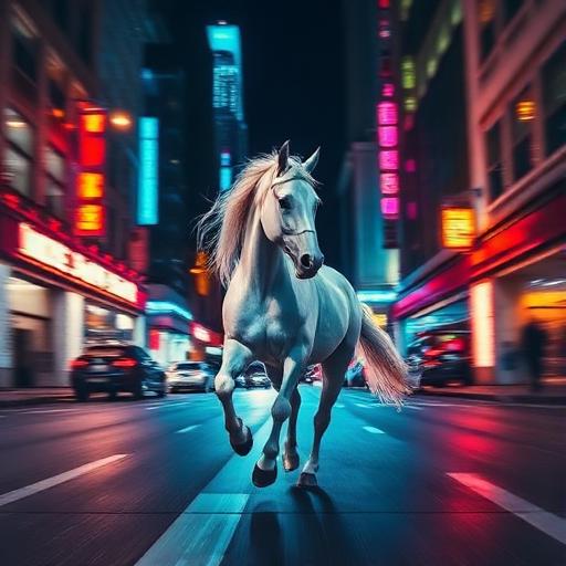 Величний білий кінь біжить неоновою вулицею міста вночі, кінематографічний розмиття руху